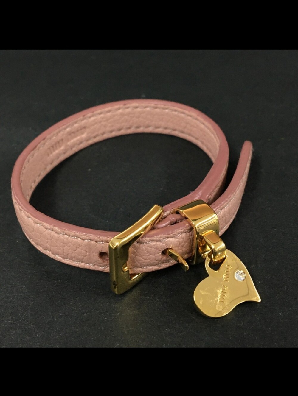 Miu Miu Logo Heart Charm Pink Leather Bangle Bracelet